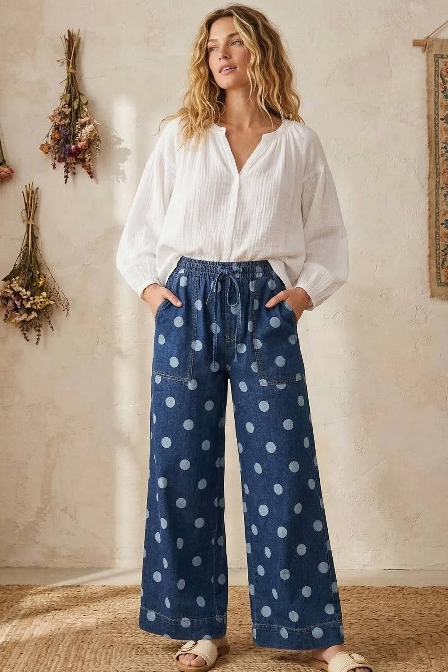 Polka Dot Denim Wide Leg Pants: DENIM