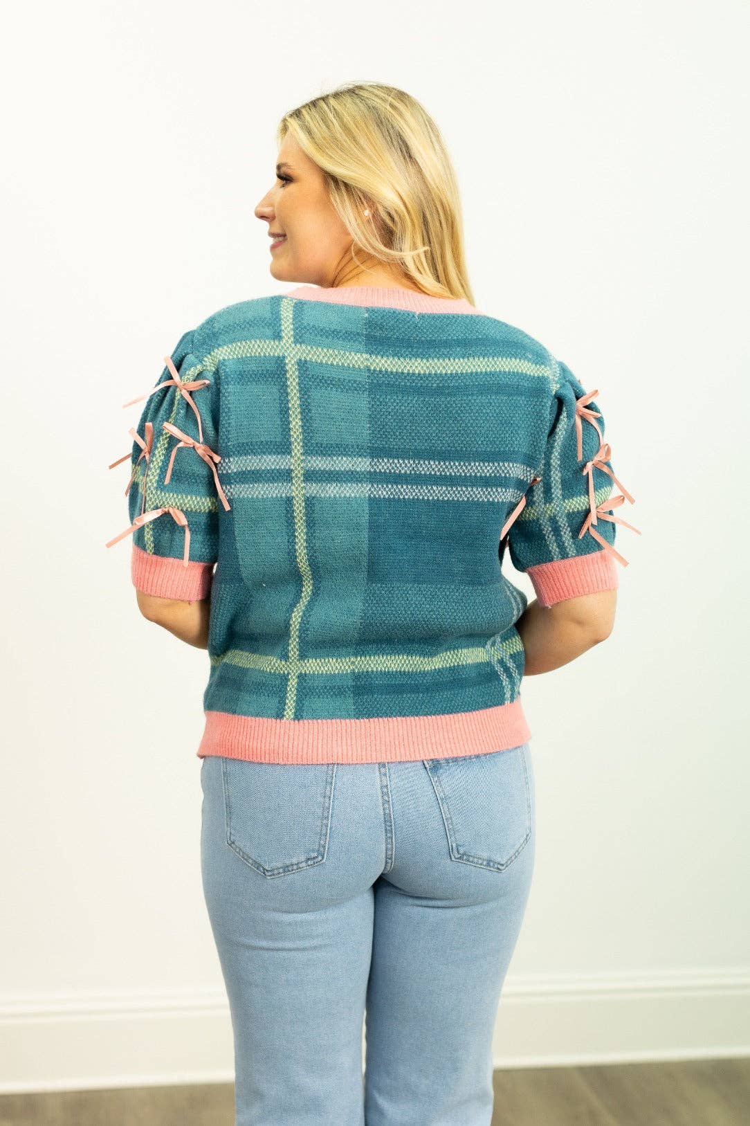 Plaid Sweater with Puff Sleeves: Turquoise