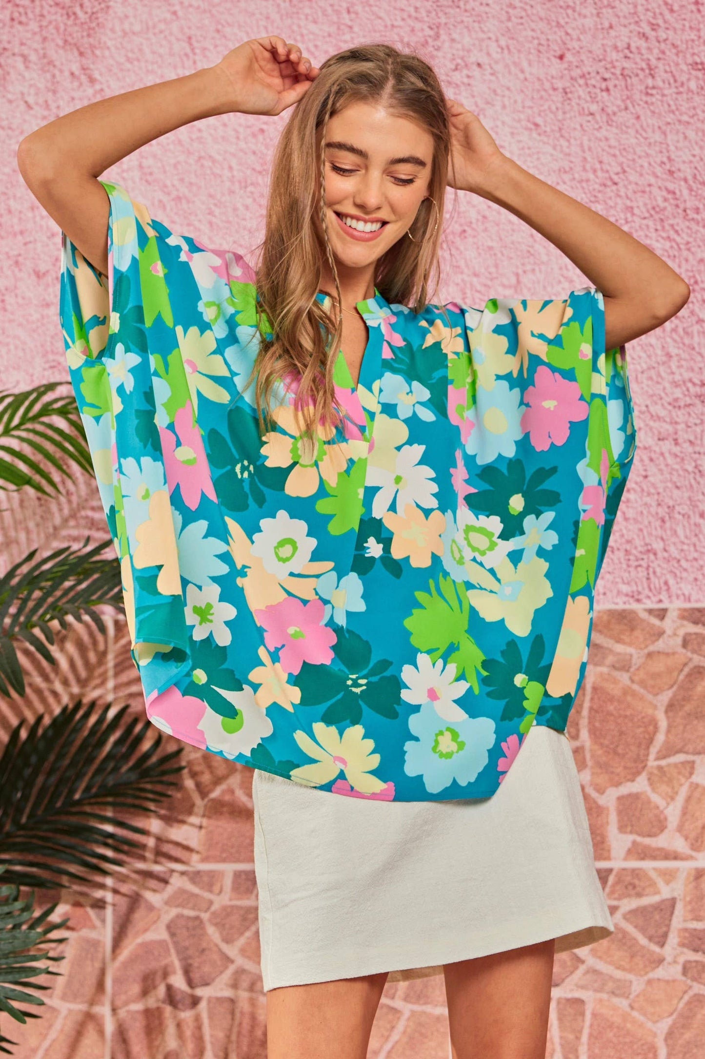 Teal Oversized Floral Tunic Top: TEAL / M/L