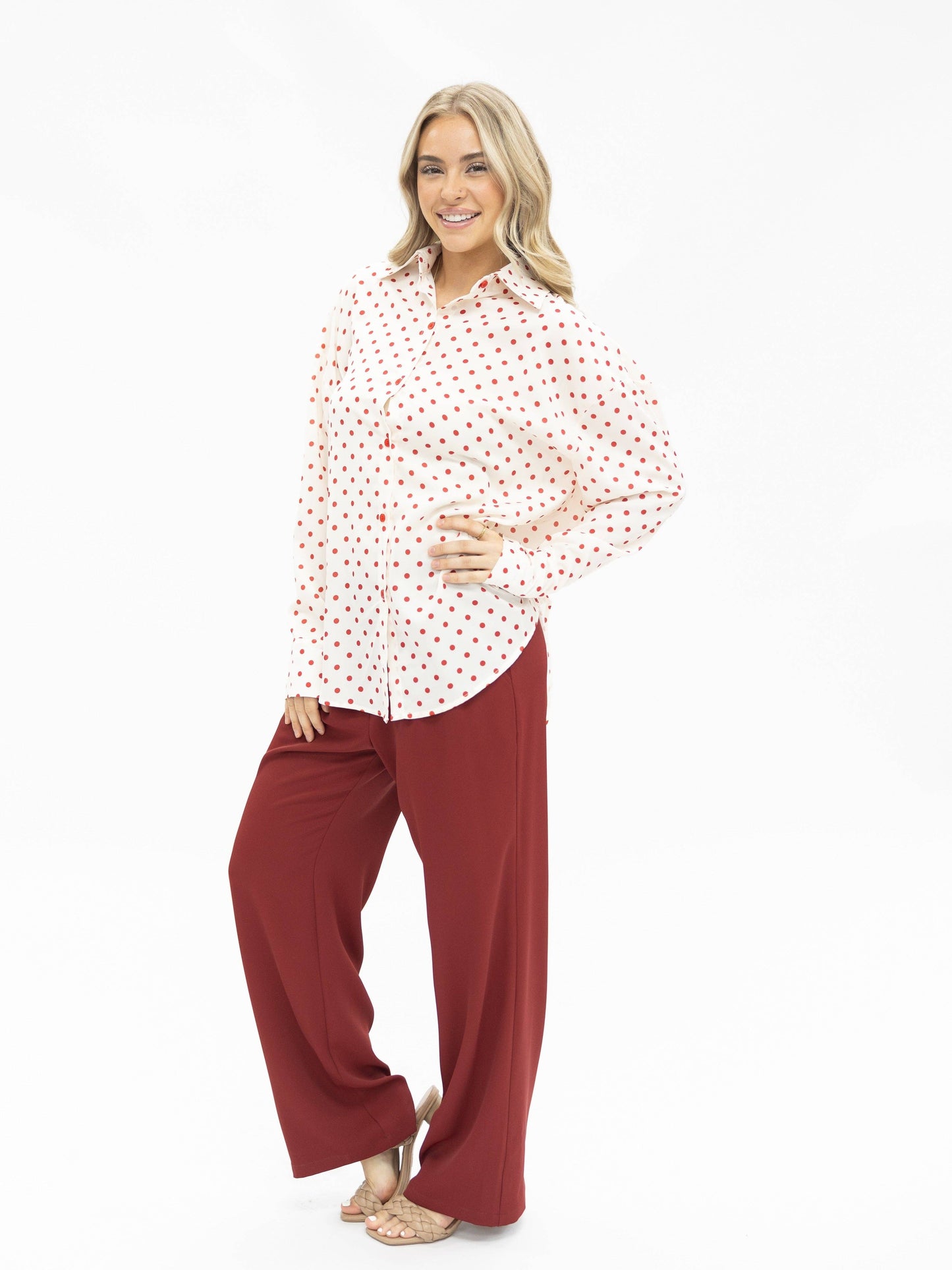 Kathryn Classic Button-Up, Red Polka-Dot: Red