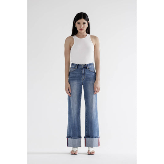 HIGH RISE WIDE LEG WITH CUFF HEM: PORTO BLUE / 24