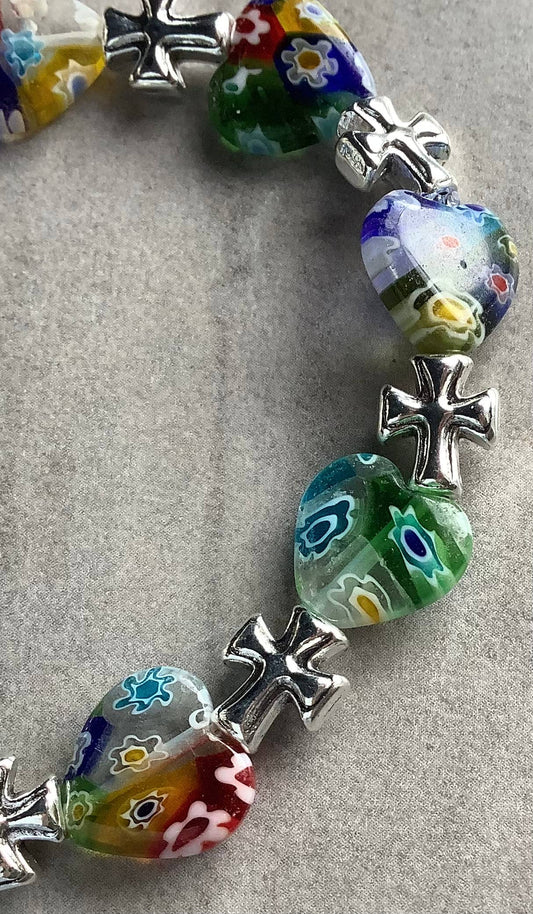 Christian Gift Millefiori Glass Beaded Bracelet Cross  