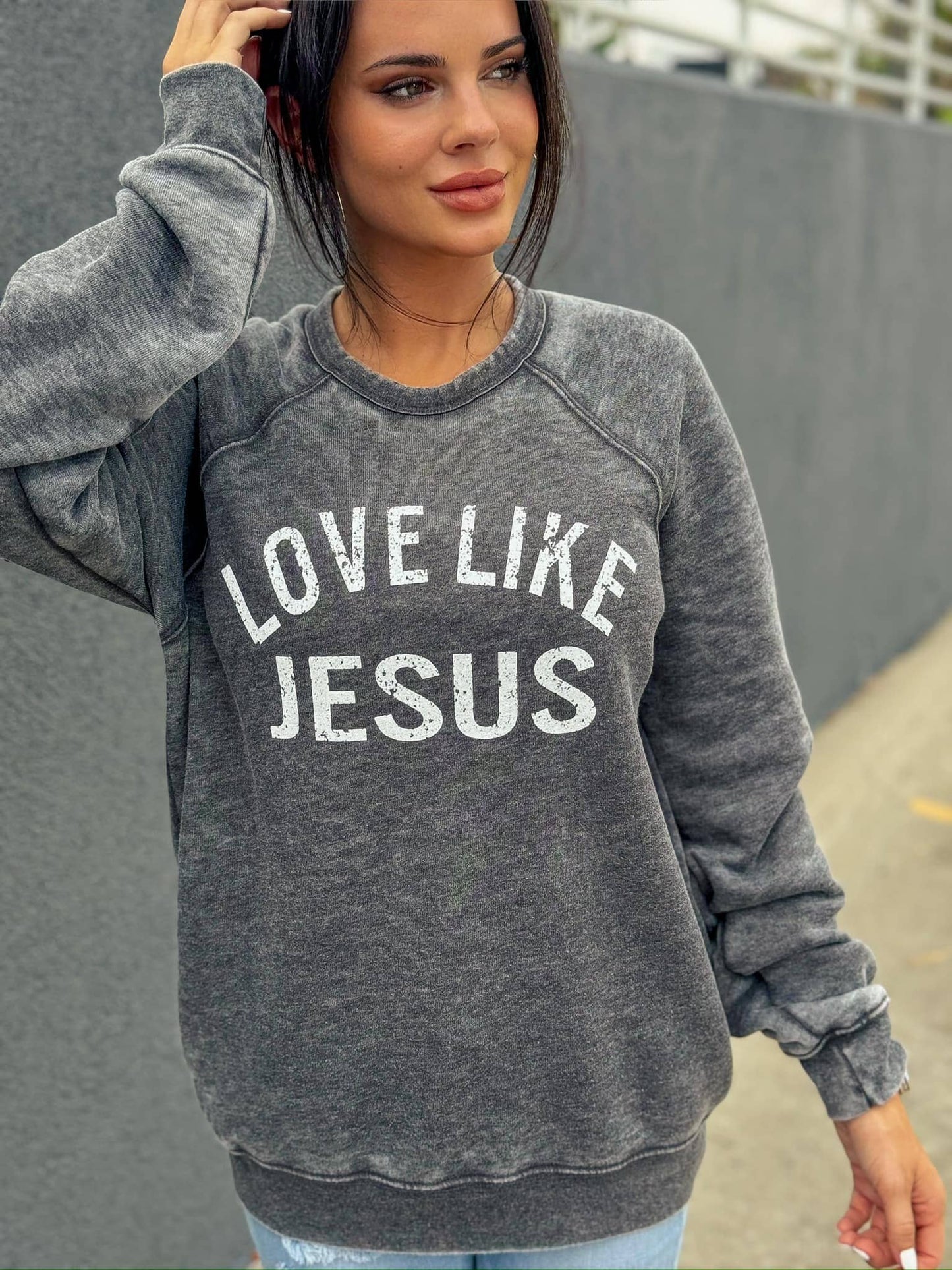 Love Like Jesus | Long Sleeve | Fleece  |Grey Acid Wash: Small