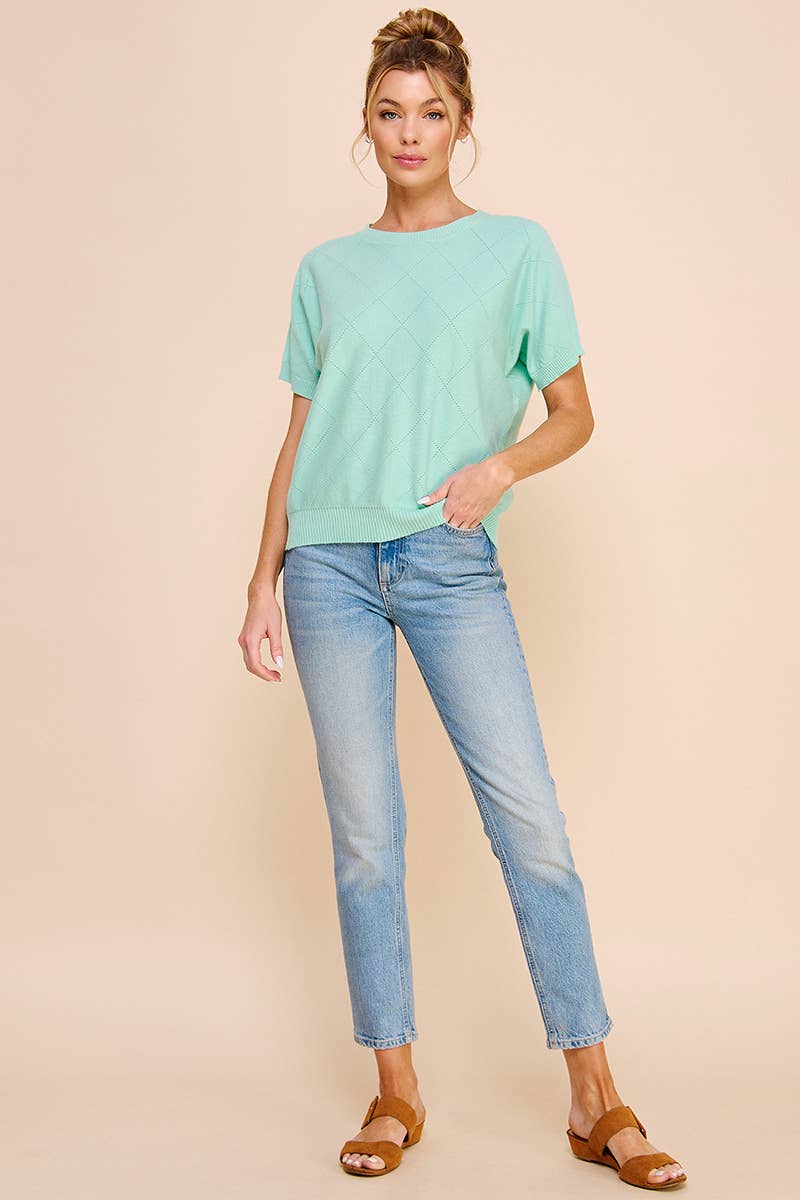 Short Sleeve Diamond Pointelle Top: Coral Rose