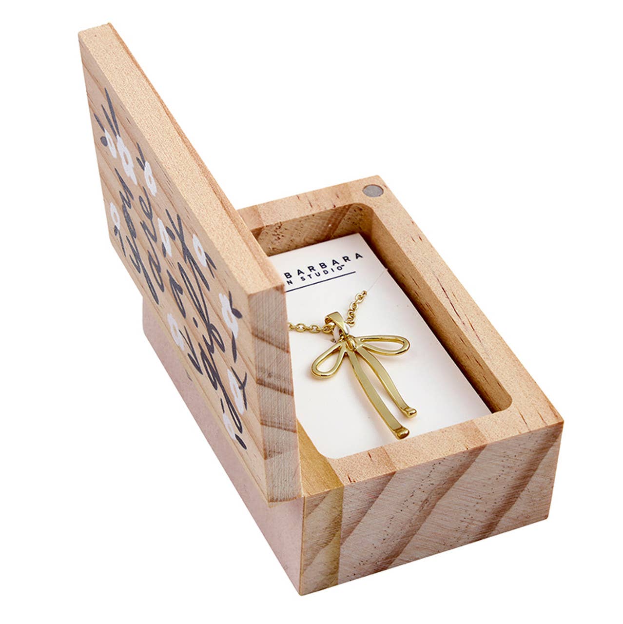 Treasure Box Bow Necklace - You are a Gift: Pine Wood, Zinc Alloy, Glass / Necklace: 17 L with 2 Extender, Box: 2 W x 1.25 H x3 D