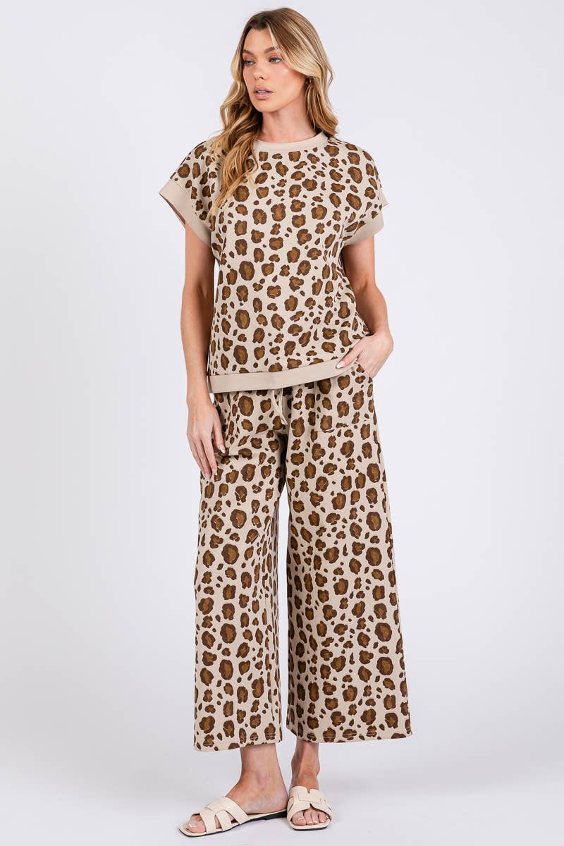 LEOPARD PRINT SCUBA TOP AND PANTS SETS: BROWN MULTI /