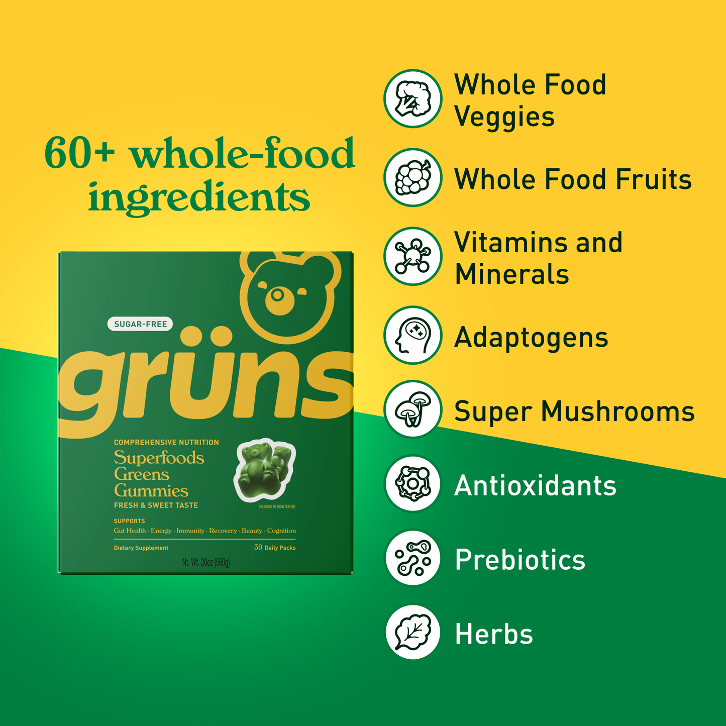 Grüns Adult Sugar Free Superfood Greens Gummies, 30 Servings