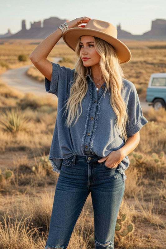 Frayed Trim Denim Button Top: DENIM