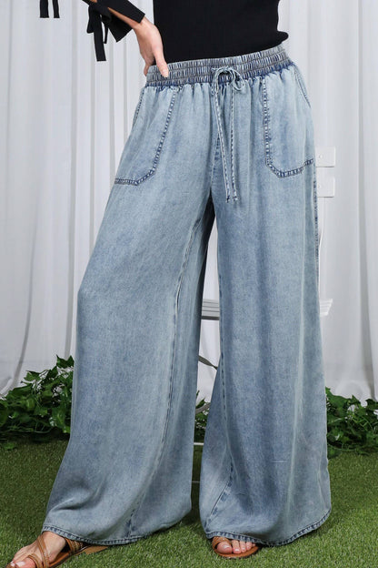 Wide Leg High Waist 100%Tencel Chambray Denim Pants
