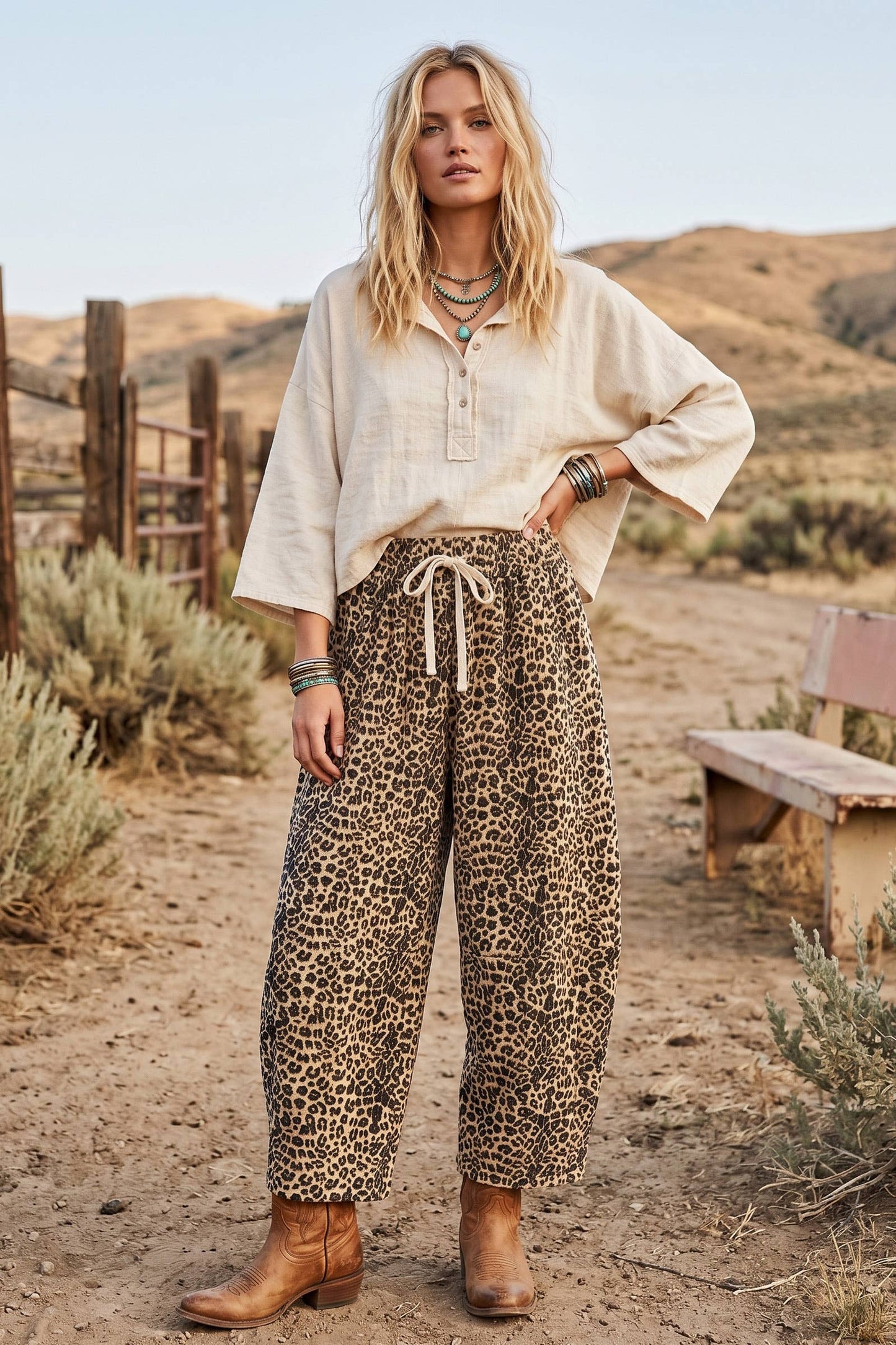 Oversized French Terry Leopard Barrel Pants: BROWN COMBO / L