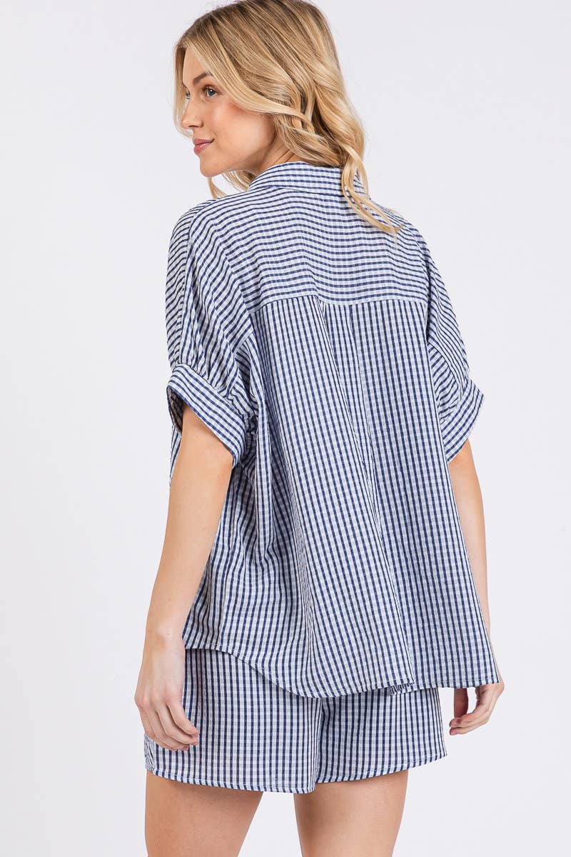 MINI CHECKER BUTTON DOWN TOP AND SHORTS SETS: NAVY