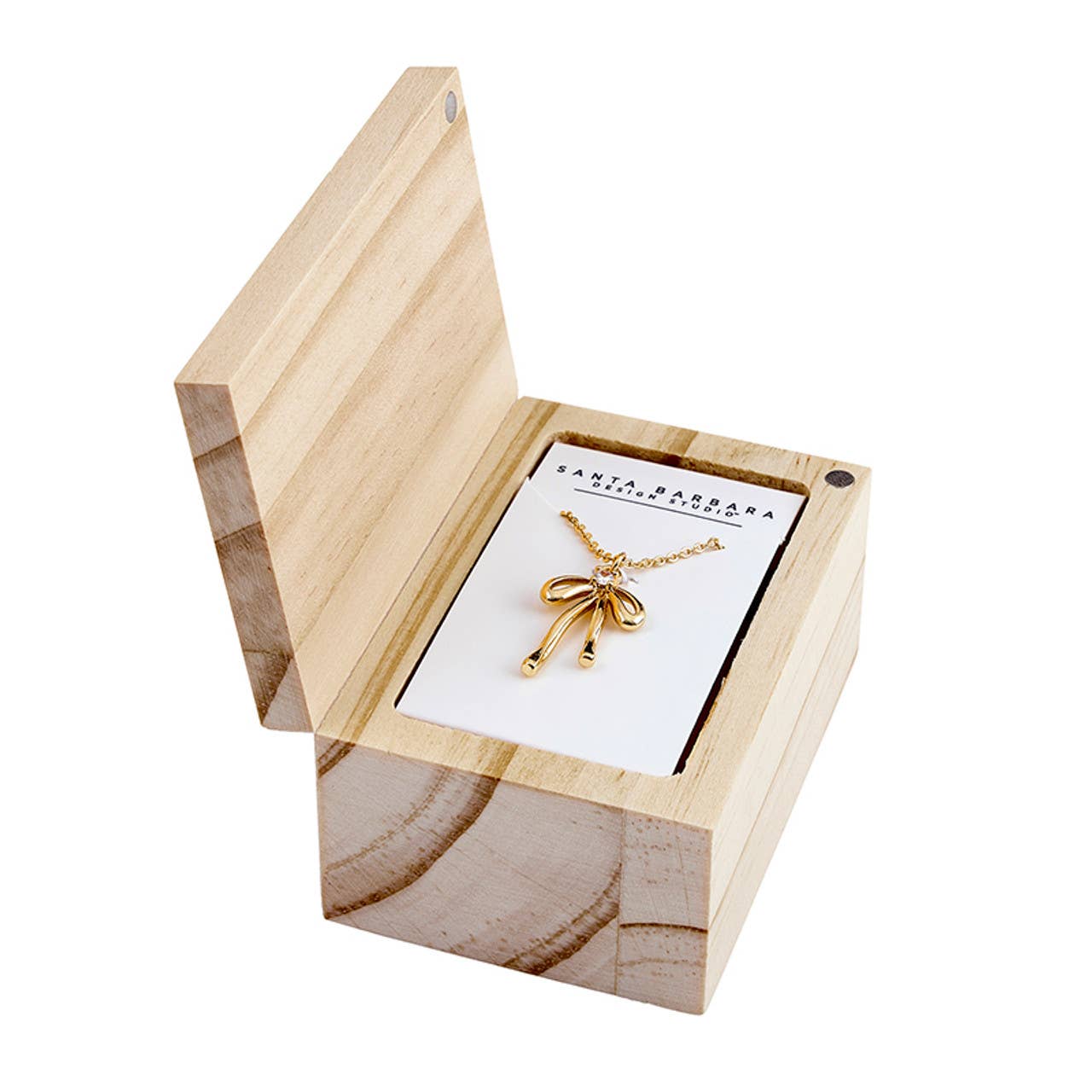 Treasure Box Bow Necklace - I Said a Little Prayer for You: Pine Wood, Zinc Alloy, Glass / Necklace: 17 L with 2 Extender, Box: 2 W x 1.25 H x3 D