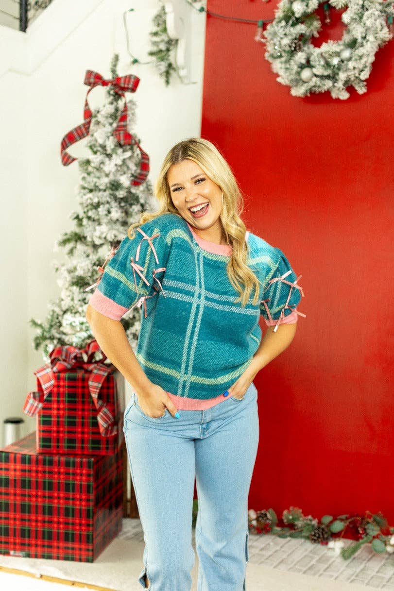 Plaid Sweater with Puff Sleeves: Turquoise