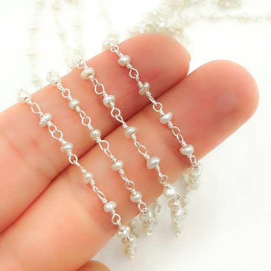 White Freshwater Pearl 925 Sterling Silver Wire Chain. PRL51: 1 Ft / Rosary / 2mm-2.5mm