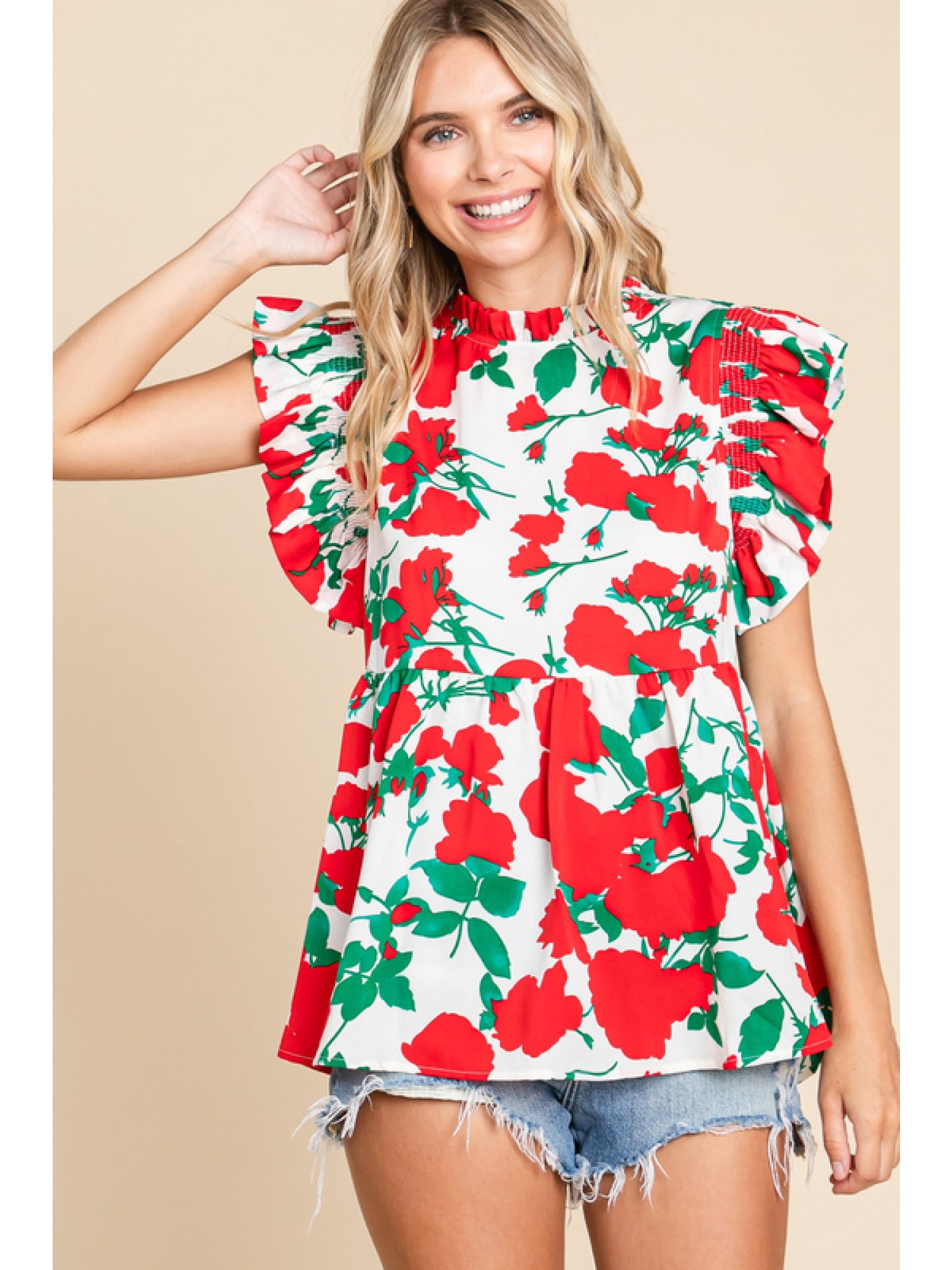 Jodifl White, Green, Red Floral Peplum Blouse