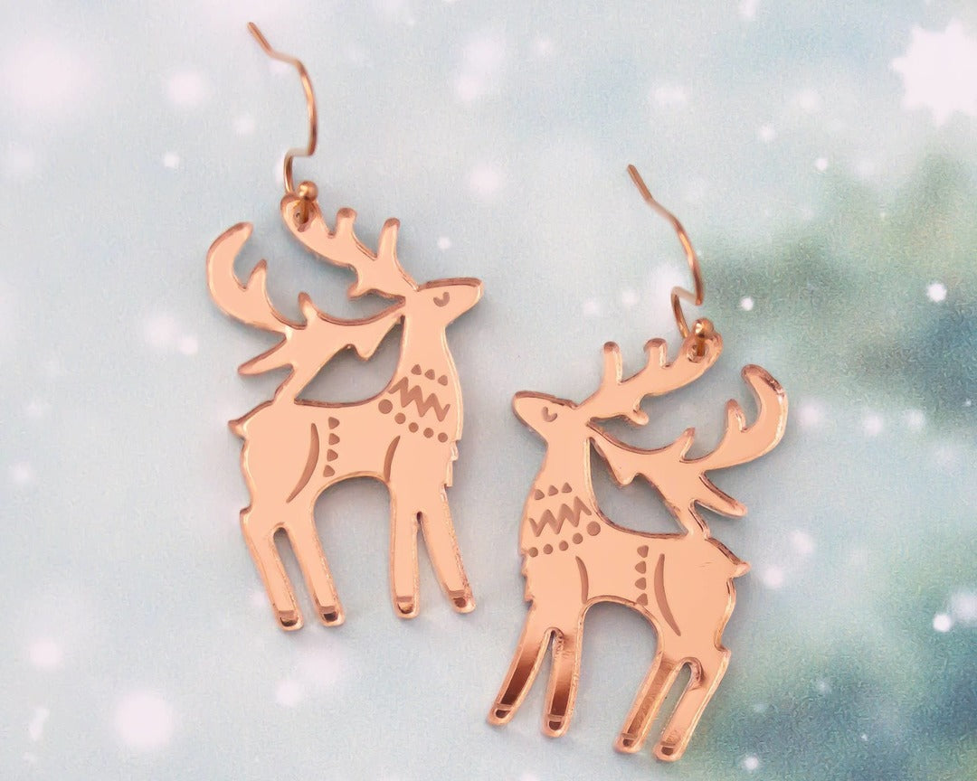 Momenti di Vita - Christmas Earrings Rose Gold Reindeer Holiday Acrylic Dangle