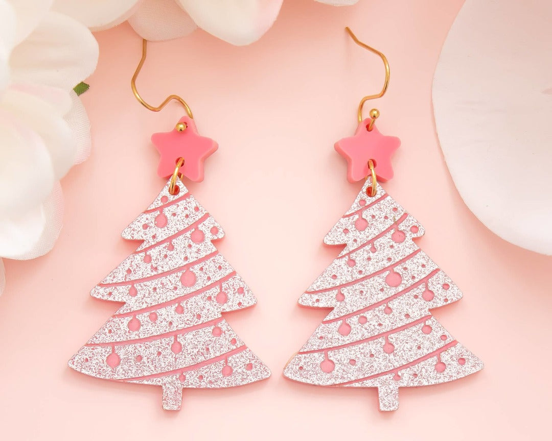 Momenti di Vita - Pink Christmas Tree Earrings Glitter Holiday Acrylic Dangles